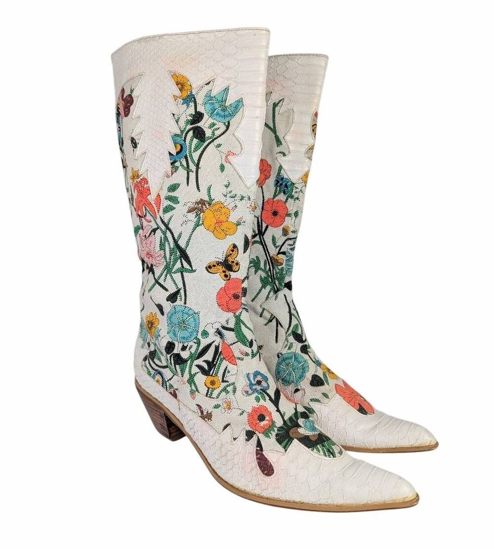 Vintage Two Lips white leather & Floral botanical knee high western boots 9